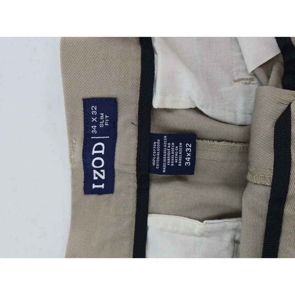 IZOD Slim Fit‎ Straight Leg American Chino Pants Men's 34x32 Tan Flat Front